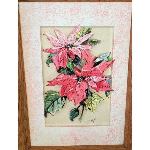 Framed 3D Poinsettia Floral Art Print With Oak Wood Frame - Picture 2 of 8